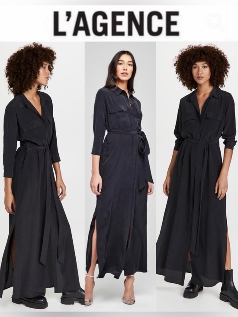 L'AGENCE Cameron Silk Long Shirt Dress Black Maxi with Waist Tie Sz S NWT 580